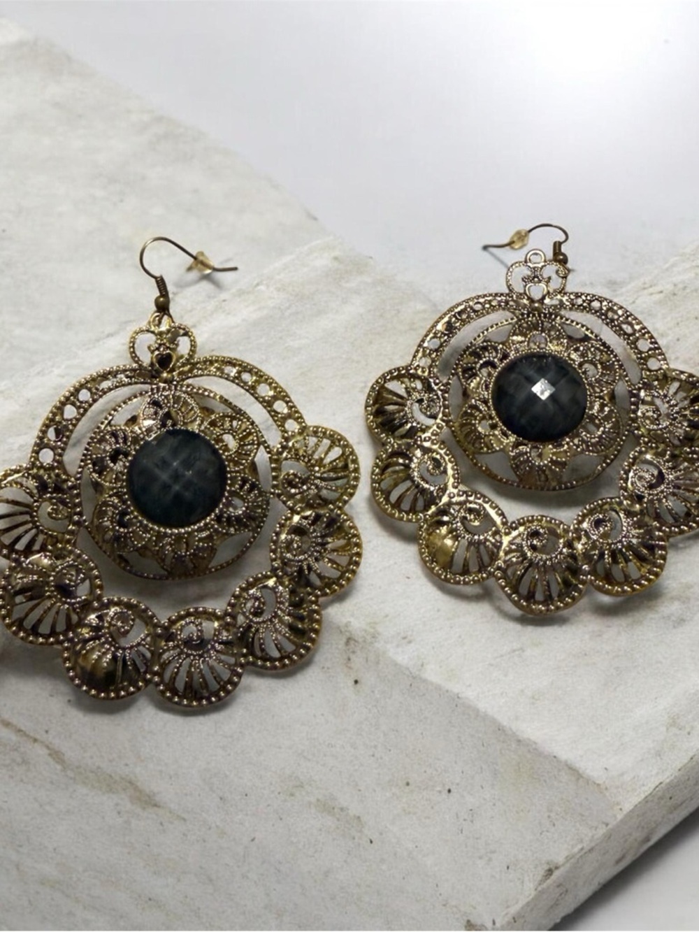 Vintage Gold-Tone Filigree Earrings with Black Center